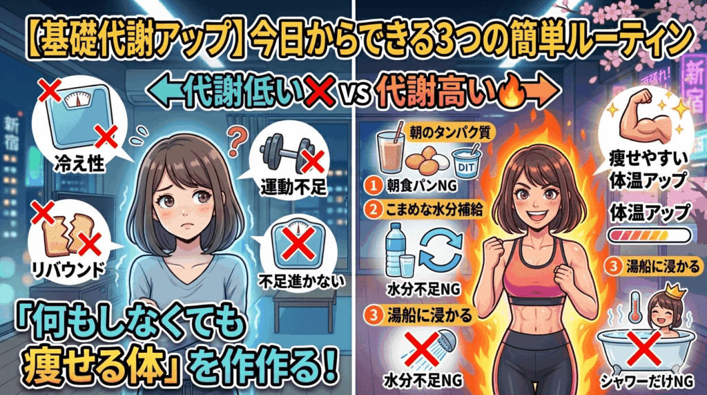 【基礎代謝アップ】「何もしなくても痩せる体」を作る！今日からできる3つの超・簡単ルーティン