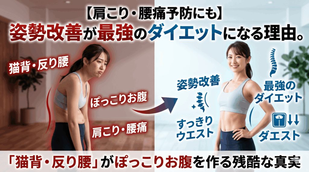 【肩こり・腰痛予防にも】姿勢改善が最強のダイエットになる理由。「猫背・反り腰」がぽっこりお腹を作る残酷な真実
