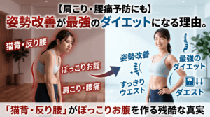 【肩こり・腰痛予防にも】姿勢改善が最強のダイエットになる理由。「猫背・反り腰」がぽっこりお腹を作る残酷な真実