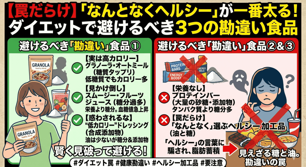 【罠だらけ】「なんとなくヘルシー」が一番太る！ダイエットで避けるべき3つの勘違い食品