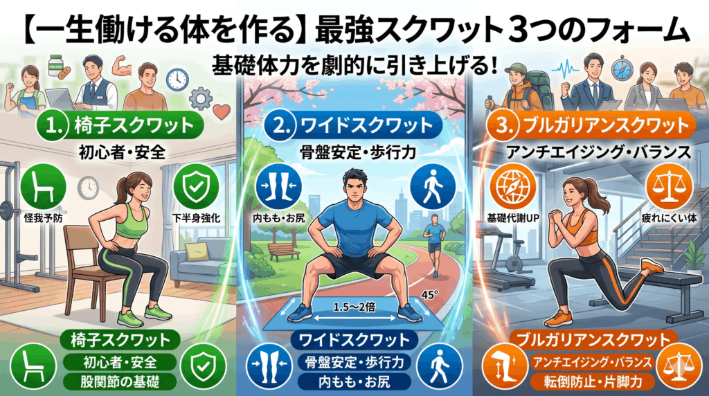 【一生働ける体を作る】基礎体力を劇的に引き上げる「最強スクワット」3つのフォーム