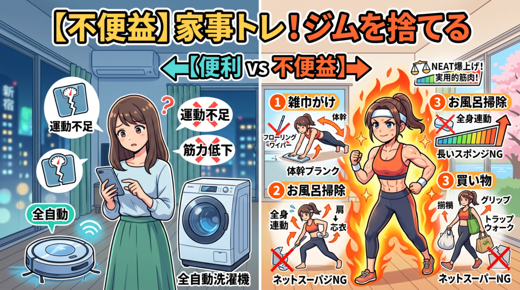 【不便益】ジムを捨てて「家事」を極める！最新トレンドの日常生活トレーニング