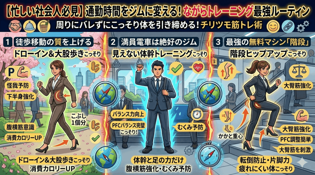 【忙しい社会人必見】通勤時間をジムに変える！周りにバレない「ながらトレーニング」最強ルーティン