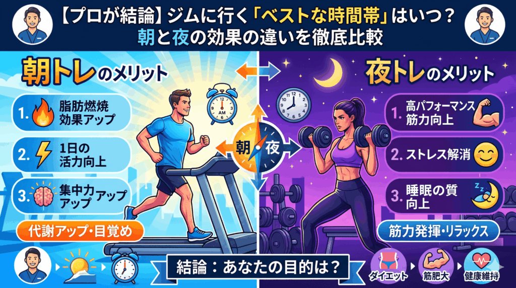 【プロが結論】ジムに行く「ベストな時間帯」はいつ？朝と夜の効果の違いを徹底比較