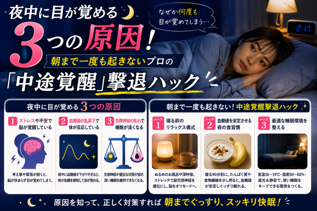 夜中に目が覚める3つの原因！朝まで一度も起きないプロの「中途覚醒」撃退ハック