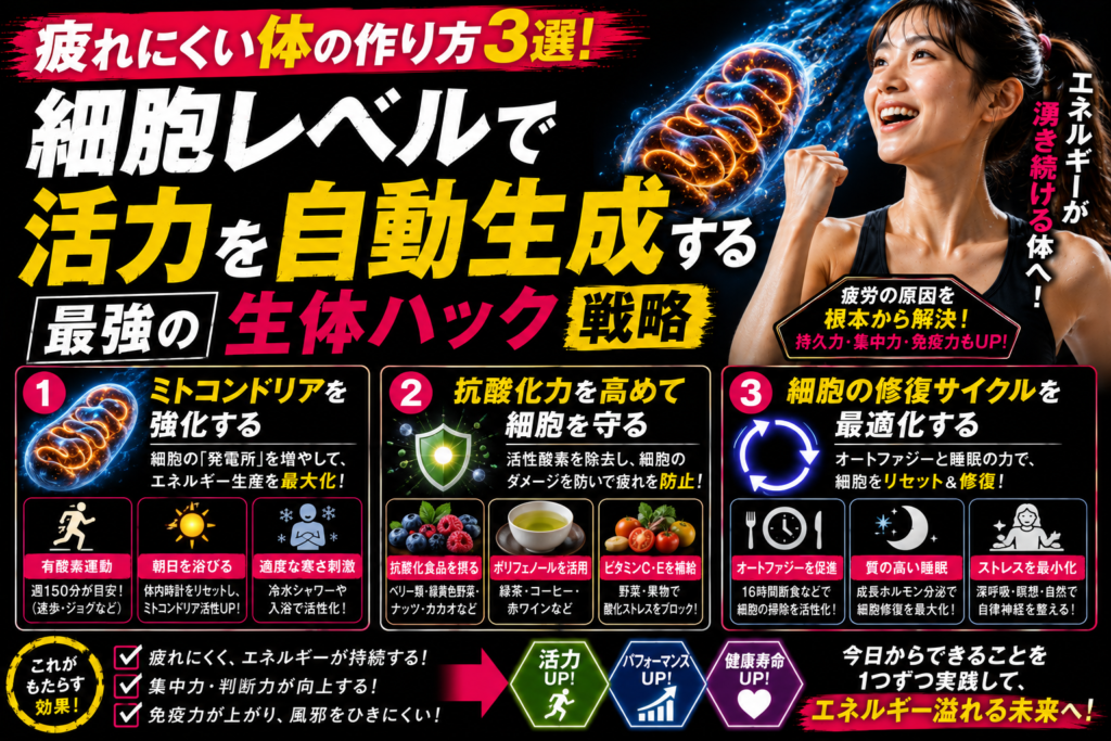 疲れにくい体の作り方3選！細胞レベルで活力を自動生成する最強の生体ハック戦略