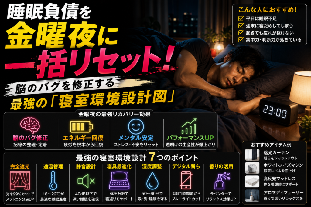 睡眠負債を金曜夜に一括リセット！脳のバグを修正する最強の「寝室環境設計図」