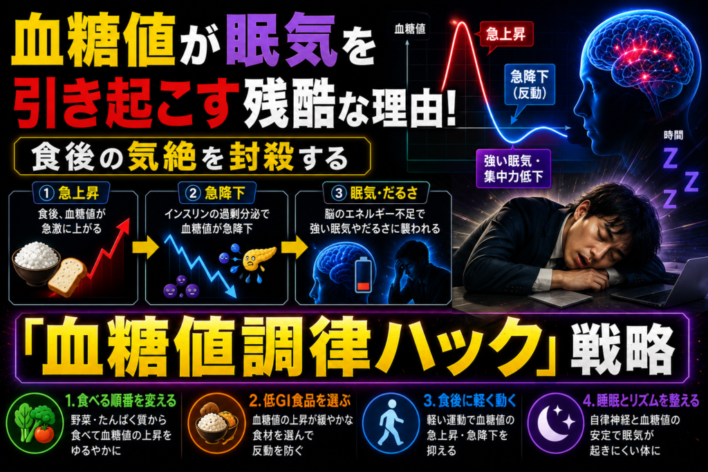 血糖値が眠気を引き起こす残酷な理由！食後の気絶を封殺する「血糖値調律ハック」