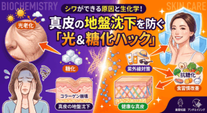 シワができる原因と生化学！真皮の地盤沈下を防ぐ「光＆糖化ハック」