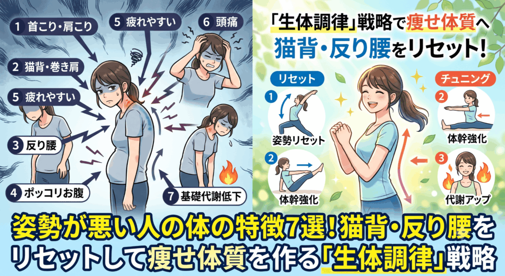 姿勢が悪い人の体の特徴7選！猫背・反り腰をリセットして痩せ体質を作る「生体調律」戦略