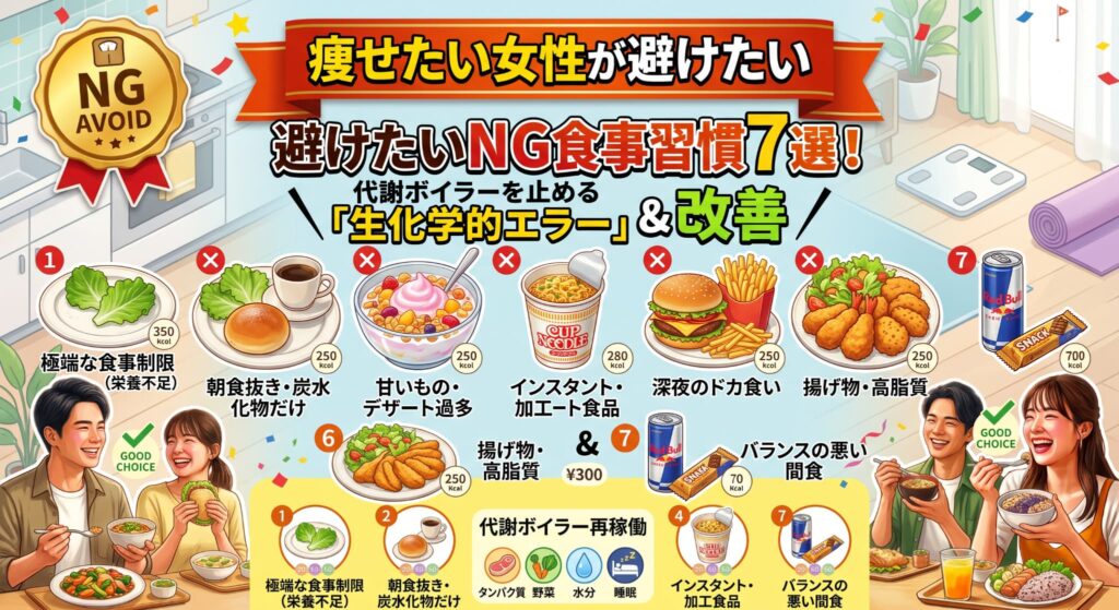 痩せたい女性が避けたいNG食事習慣7選!!代謝ボイラーを止める「生化学的エラーと改善調律戦略」