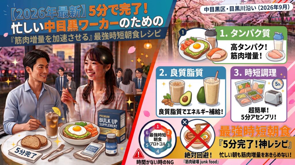 【2026年最新】5分で完了！忙しい中目黒ワーカーのための「筋肉増量を加速させる」最強時短朝食レシピ